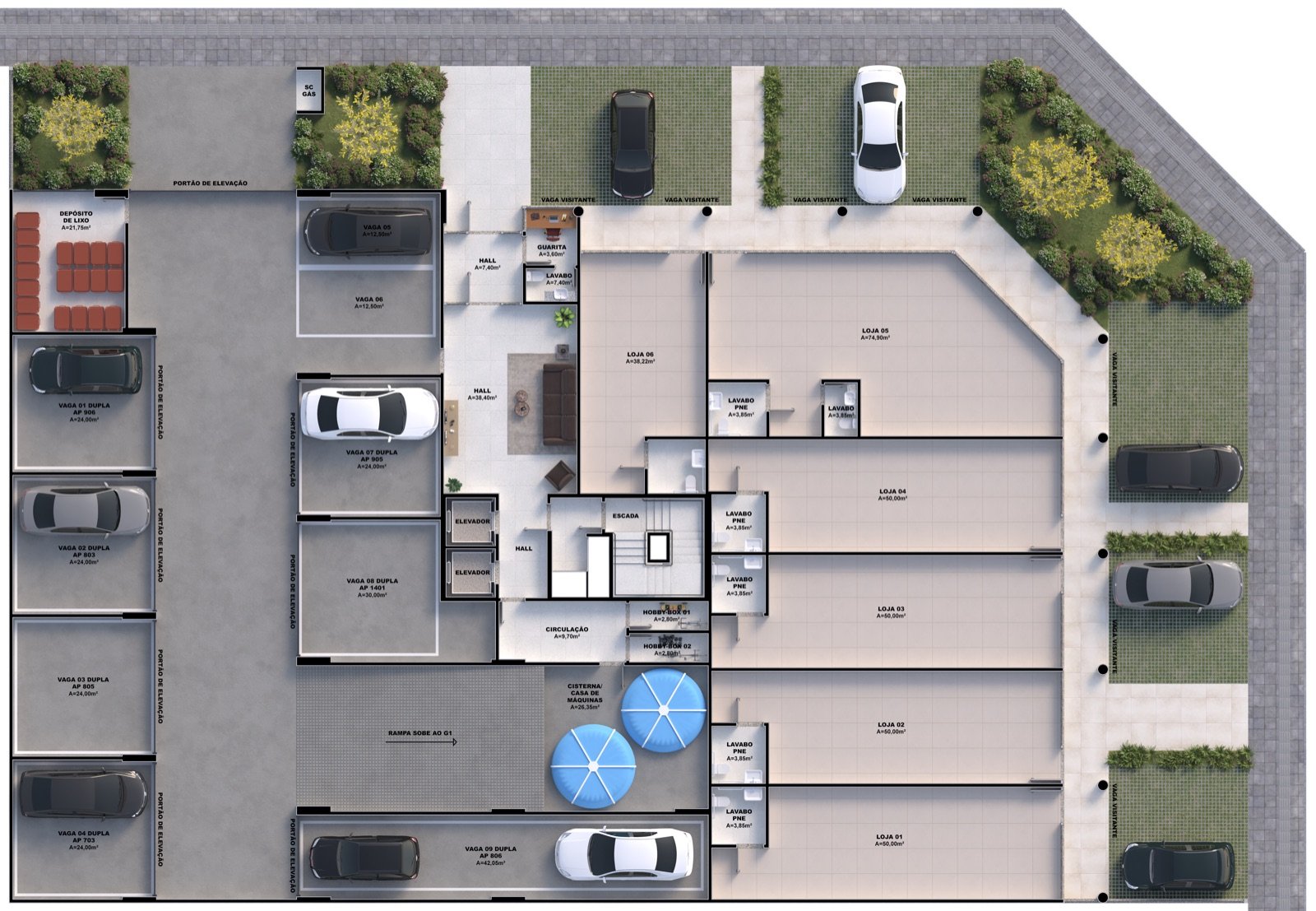 Carmel Residence - Planta humanizada - Térreo (garagem e salas comerciais)