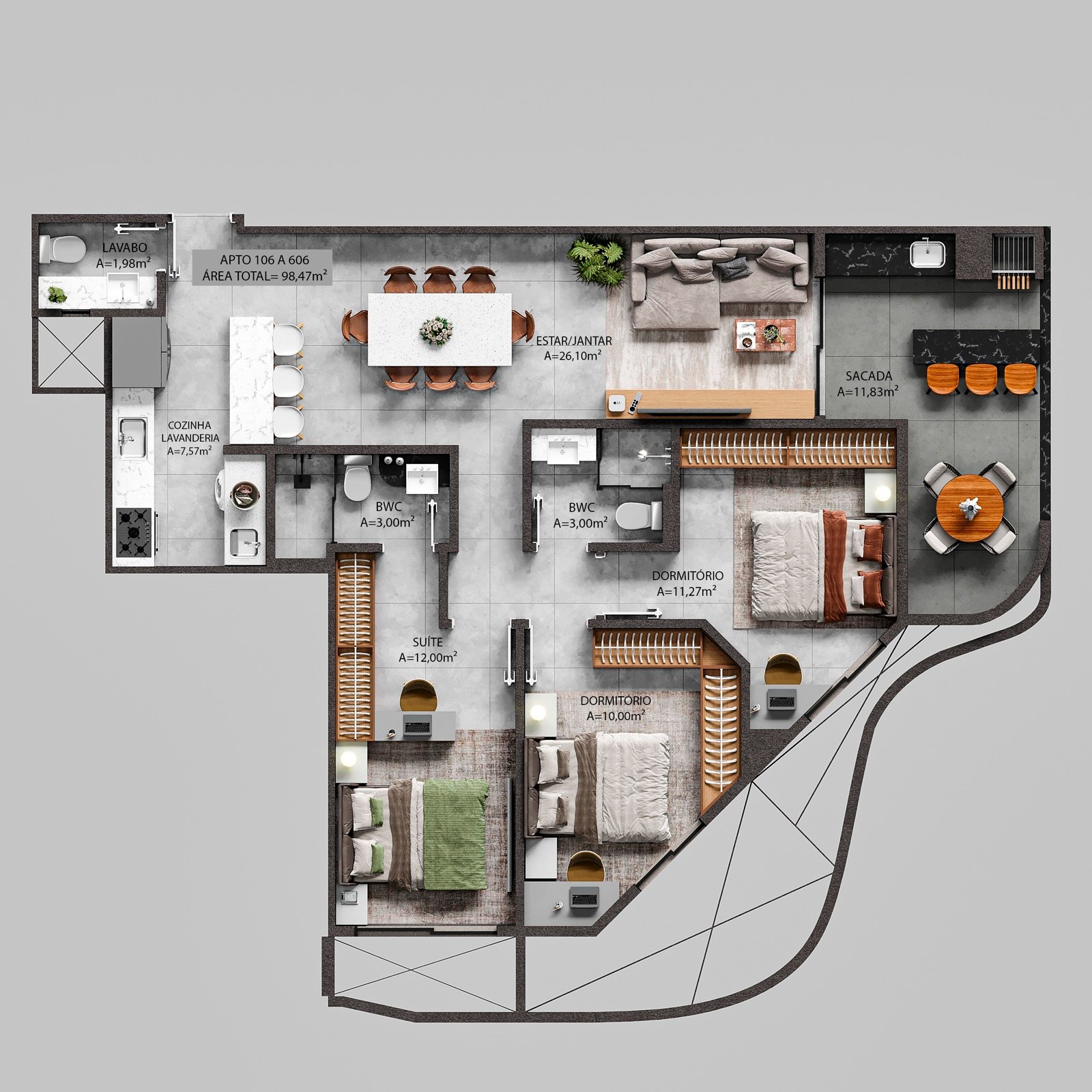 Apto 106 a 606 (98,47 m²)
