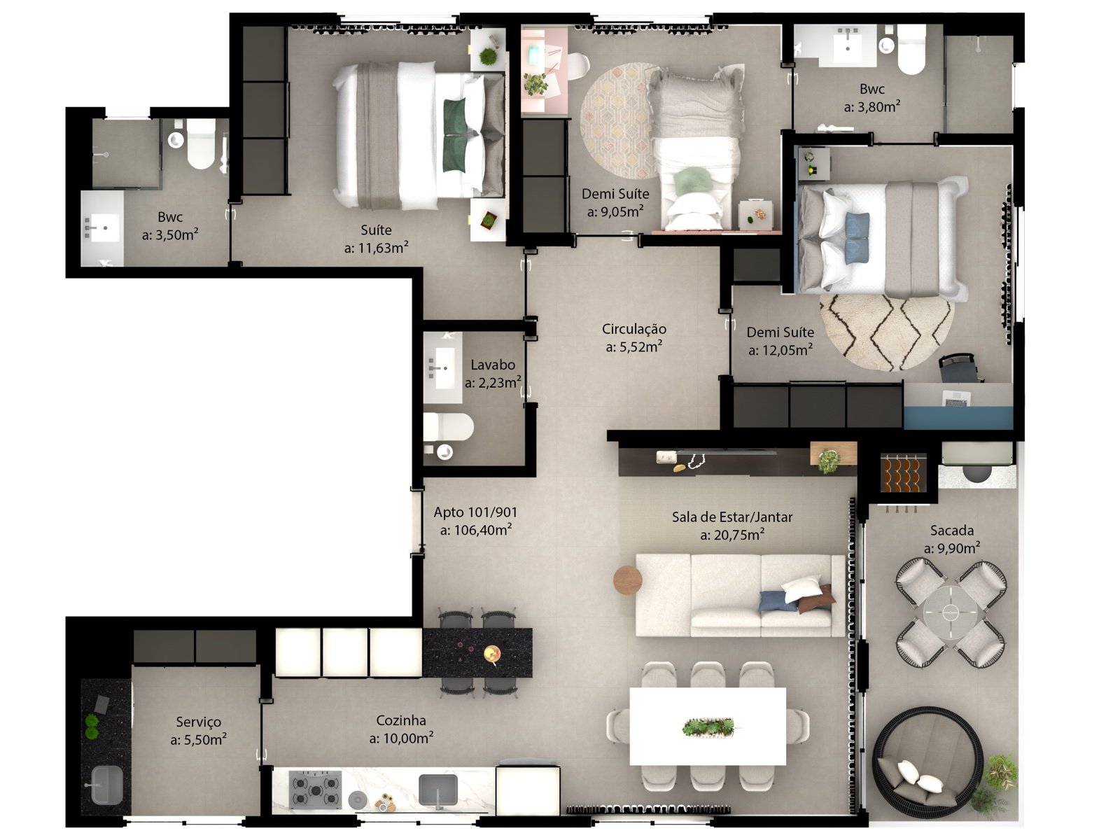 Apto 102 a 902 (107,70 m²)