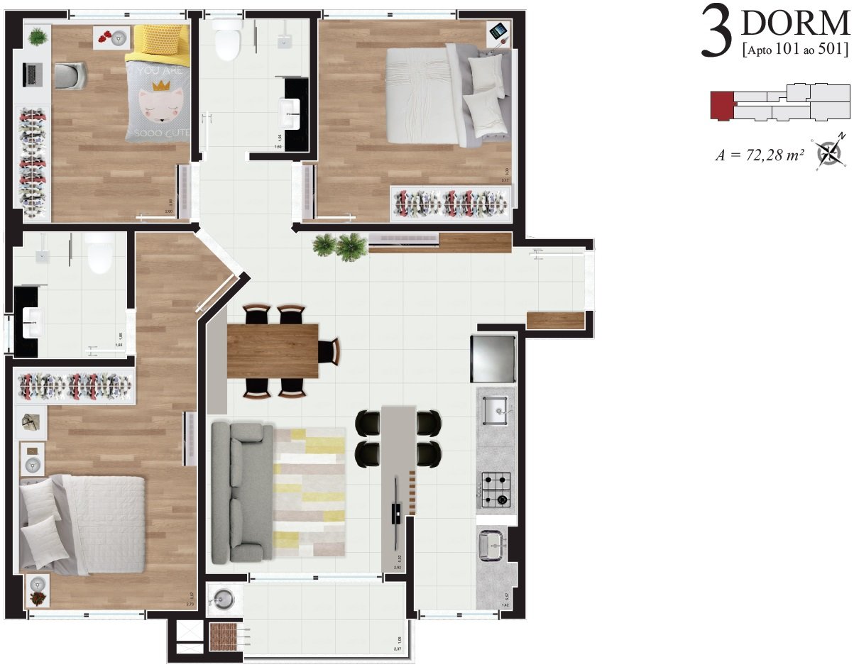 Apto 101 ao 501 (72,28 m²)