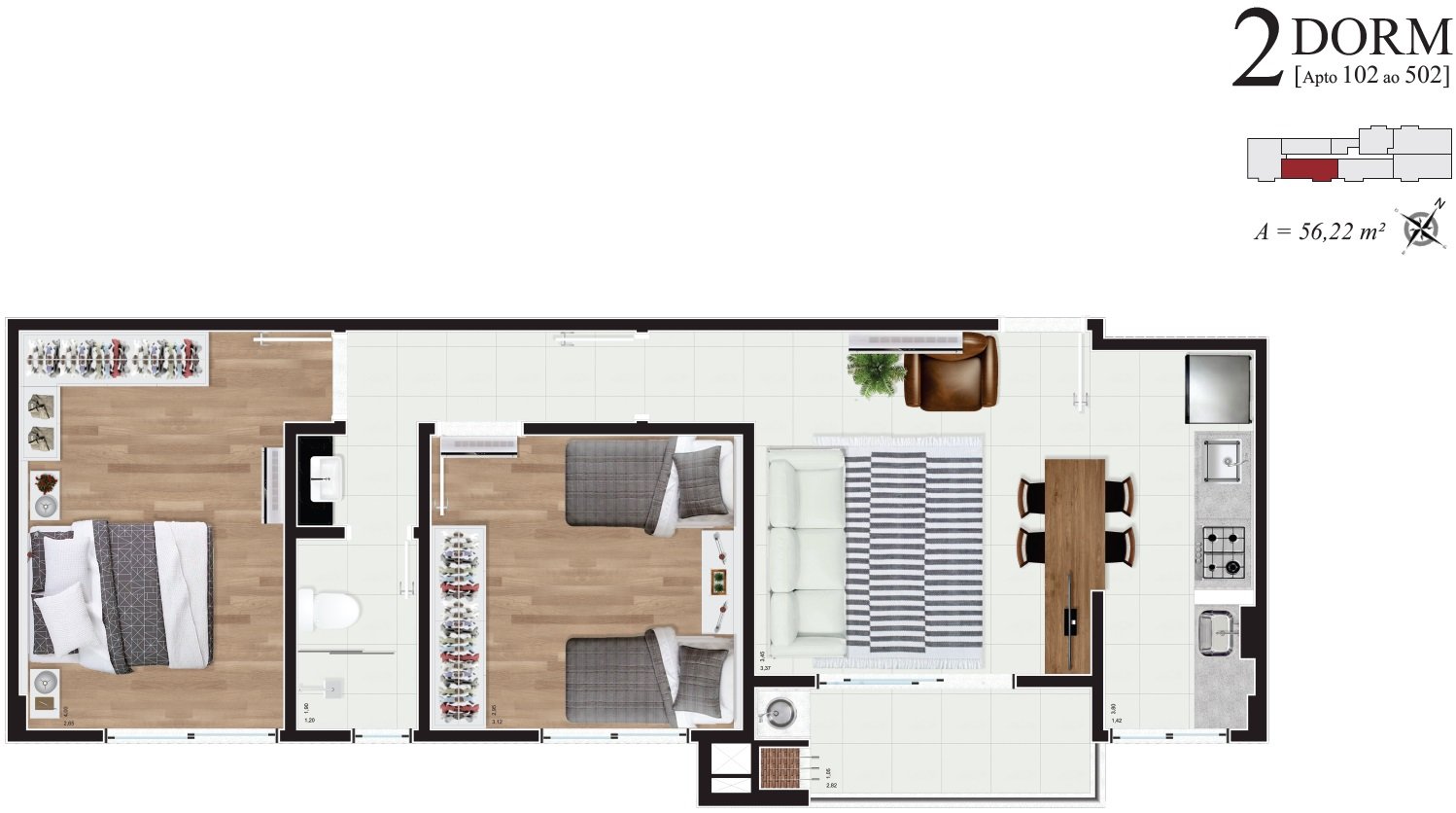 Apto 102 ao 502 (56,22 m²)