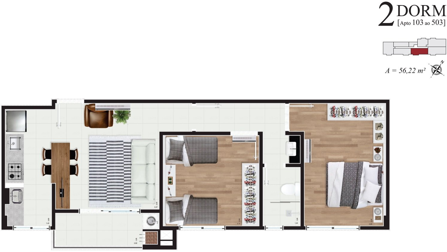 Apto 103 ao 503 (56,22 m²)