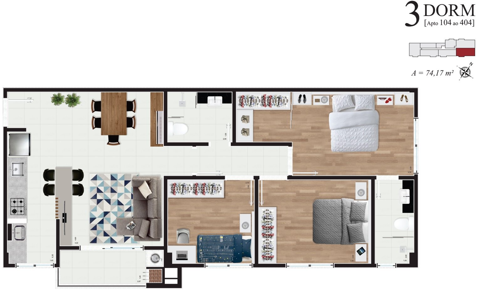 Apto 104 ao 404 (74,17 m²)