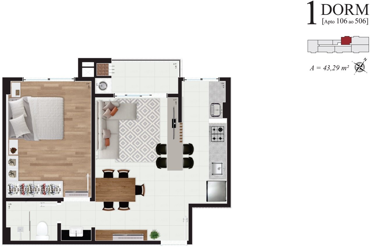 Apto 106 ao 506 (43,29 m²)
