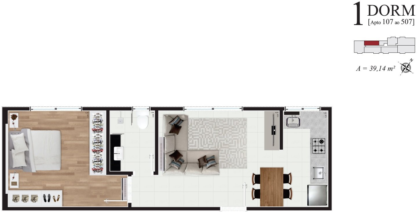 Apto 107 ao 507 (39,14 m²)